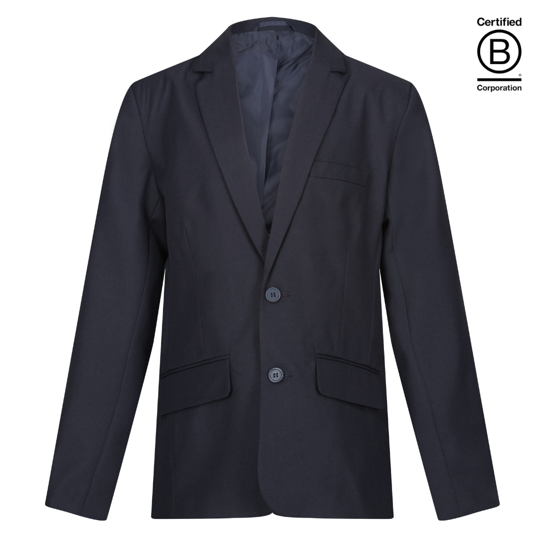 Unisex gender neutral navy school suit jacket front - ethical school uniform