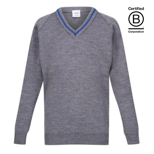 V-neck acrylic school jumper Grey with ensign blue stripe