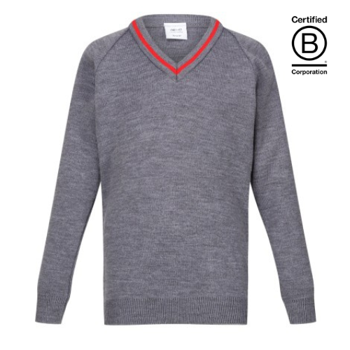 V-neck acrylic school jumper Grey with scarlet red stripe