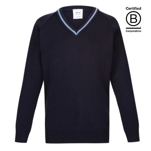 V-neck acrylic school jumper Navy with capstan light blue stripe