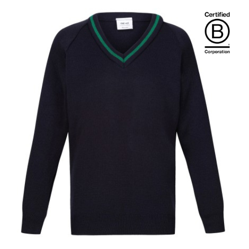 V-neck acrylic school jumper Navy with emerald green stripe