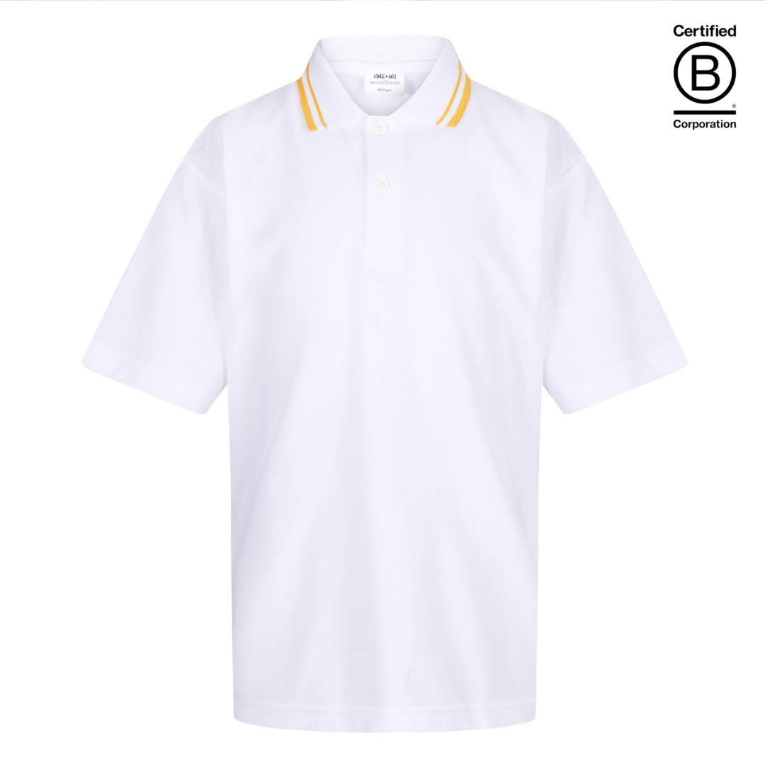 amber yellow tipped trimmed collar white school polo shirts
