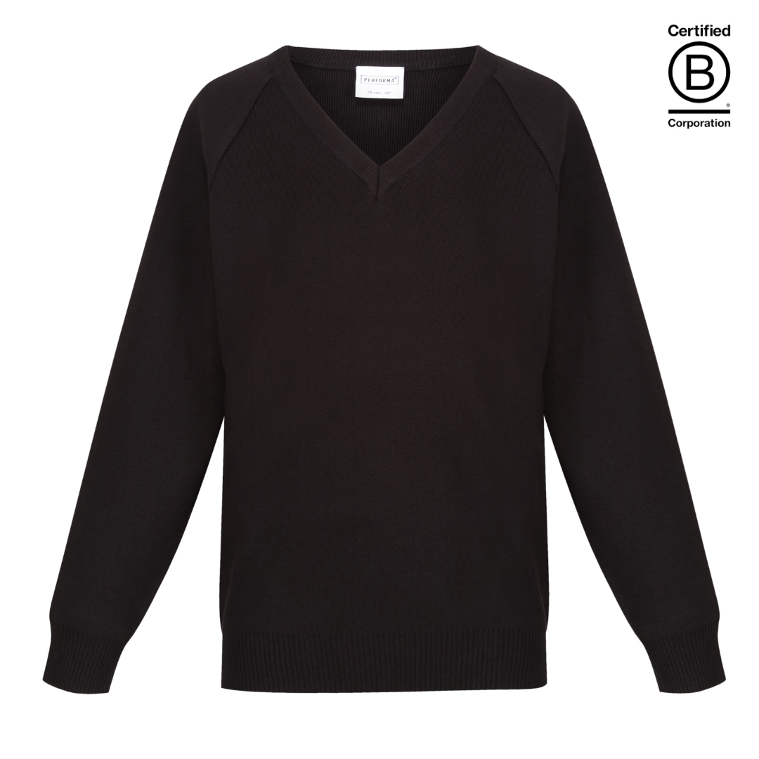 Black Performa 50 plain v-neck sustainable unisex gender neutral school jumper pullover - ethical school uniform