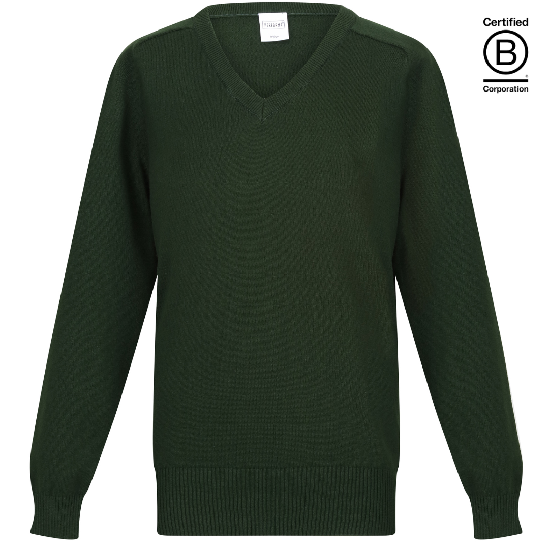 Bottle green school jumper Boys unisex gender neutral Plain Performa cotton v-neck sustainable school pullover