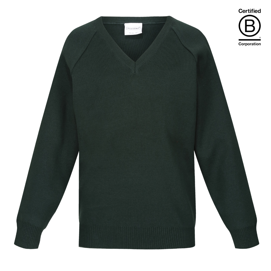 Bottle green Performa 50 plain v-neck sustainable unisex gender neutral school jumper pullover - ethical school uniform