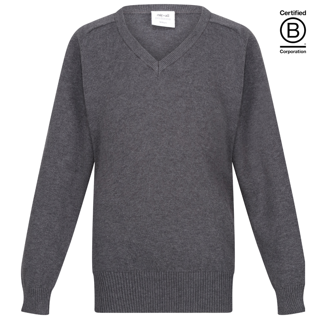 grey school jumper Boys unisex gender neutral Plain Performa cotton v-neck sustainable school pullover