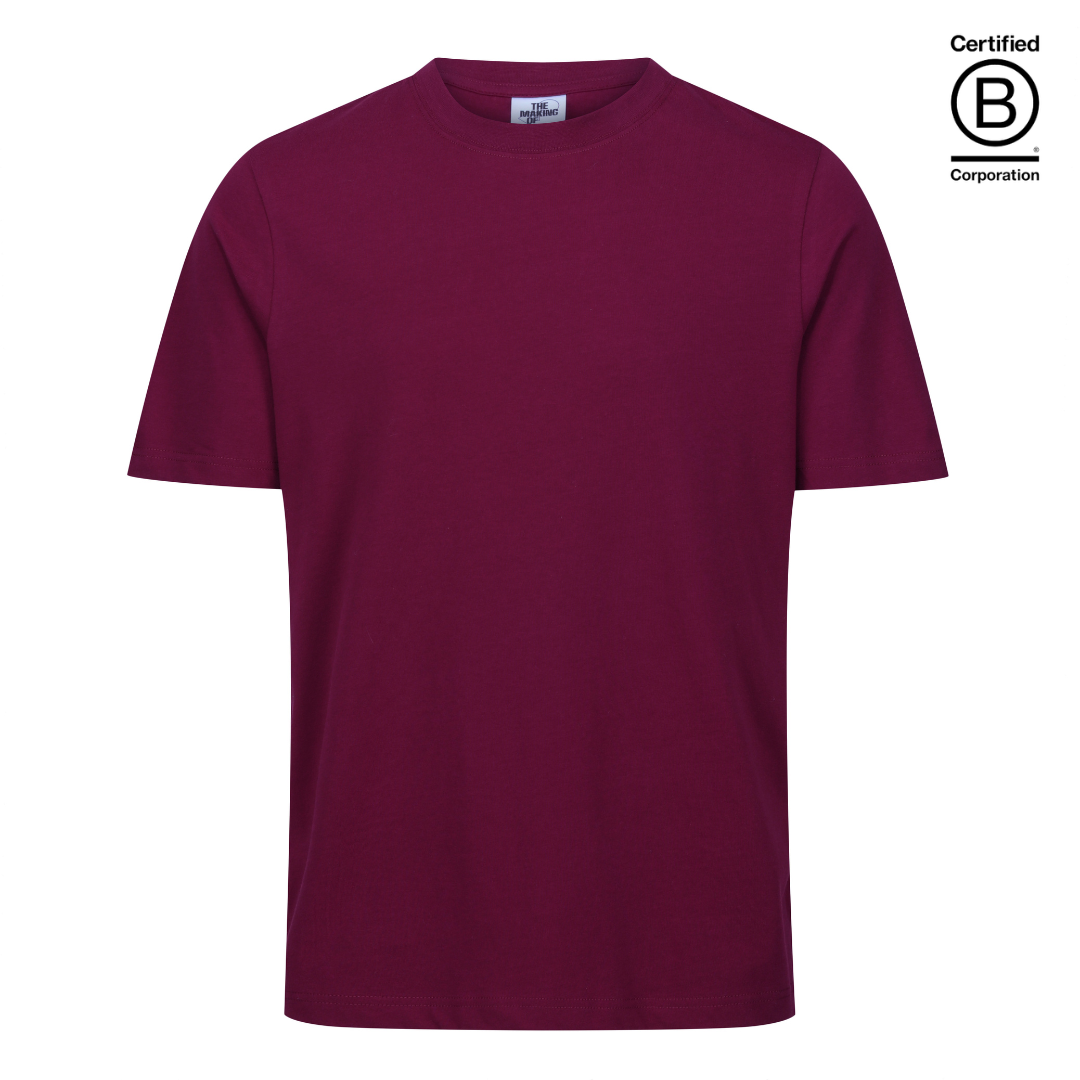Ethically produced and sustainable maroon plain cotton school PE sports t-shirt