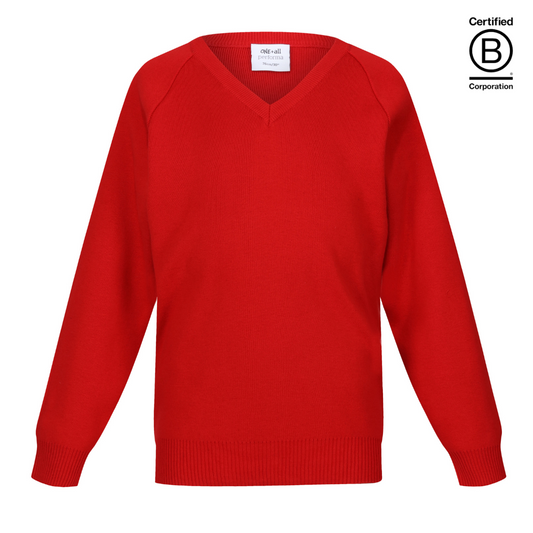 Red Performa 50 plain v-neck sustainable unisex gender neutral school jumper pullover - ethical school uniform
