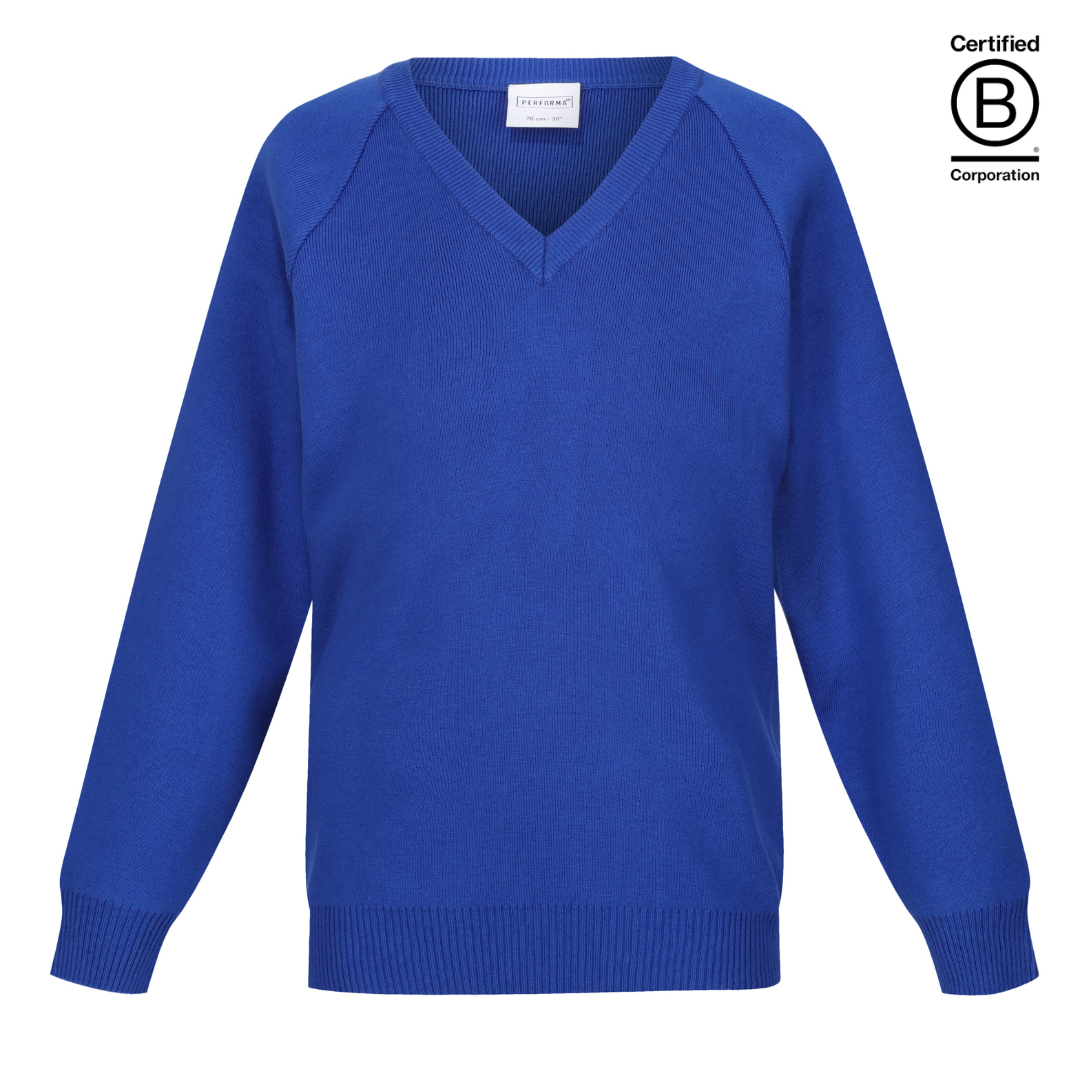 Royal blue Performa 50 plain v-neck sustainable unisex gender neutral school jumper pullover - ethical school uniform