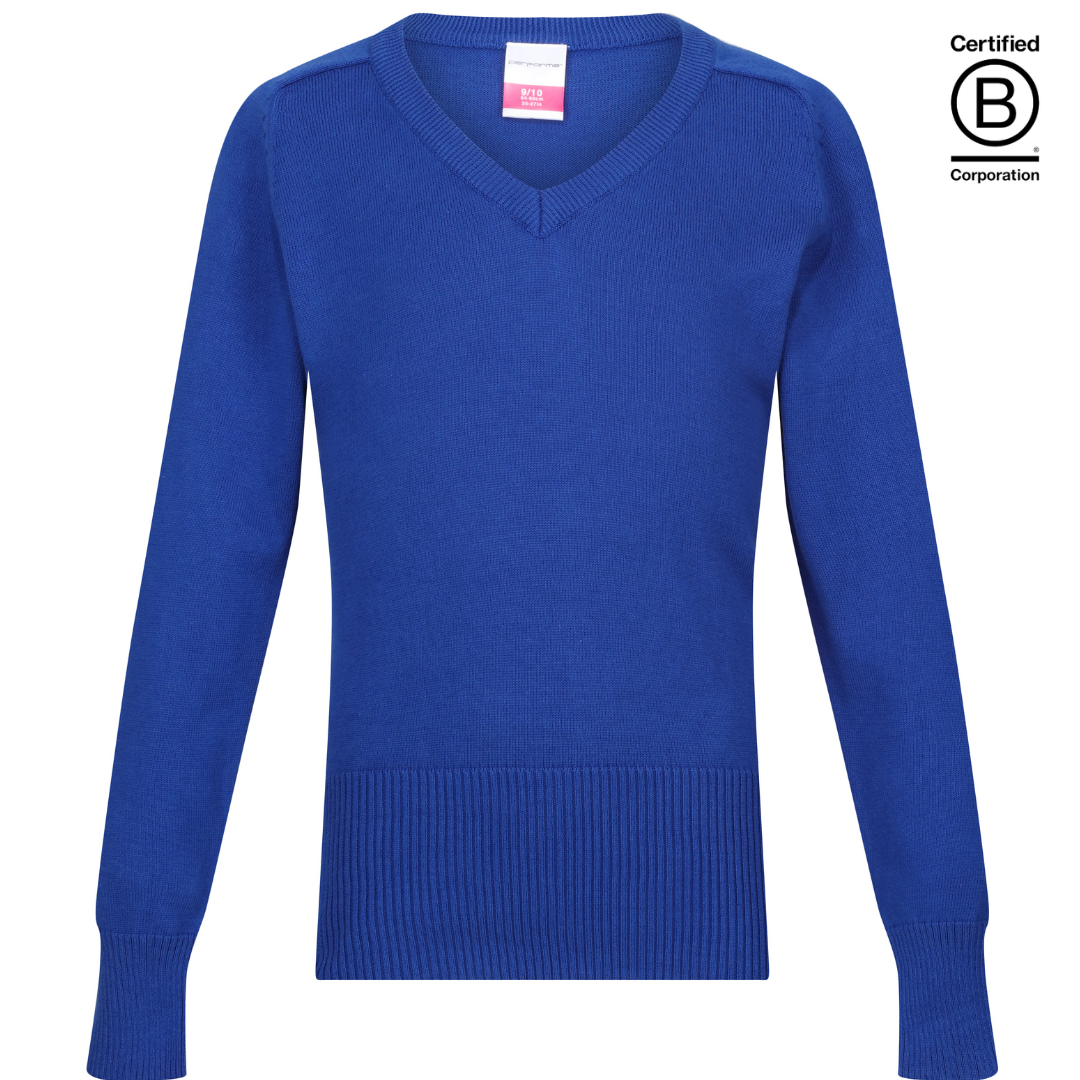 Royal blue school jumper girls Plain Performa cotton v-neck sustainable school pullover