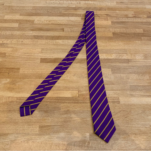 Purple orchid and gold narrow stripe recycled sustainable school tie