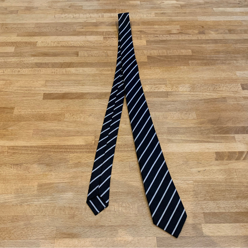 Black and white silver narrow stripe recycled sustainable school tie