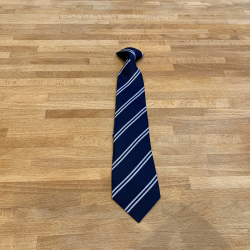Navy and white sliver twin stripe clip on sustainable recycled school tie