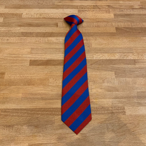 Red and royal blue cobalt wide stripe clip on recycled sustainable eco school tie