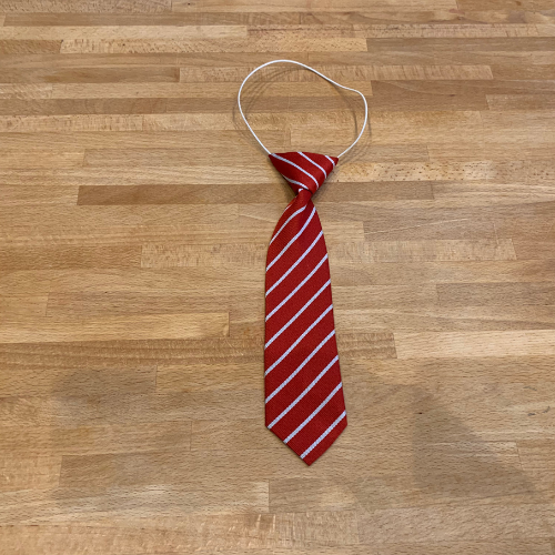 Red and white narrow stripe recycled sustainable elasticated eco school tie