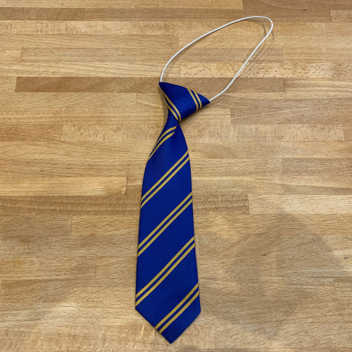 Royal blue and gold twin stripe elasticated sustainable recycled school tie